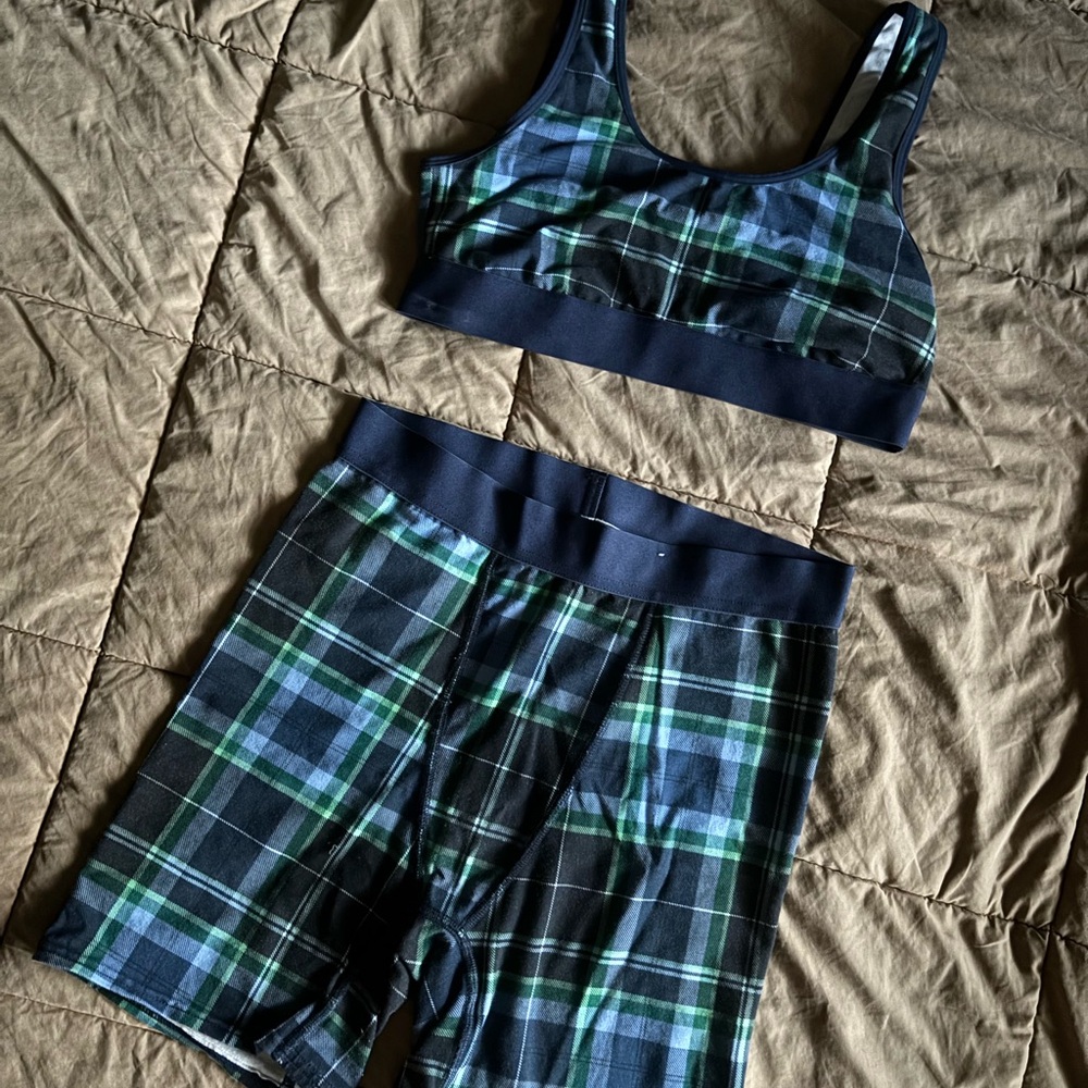 Auden Plaid Sports Bra and Shorts - Blue and Green